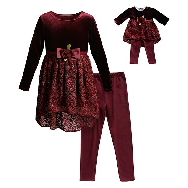 Girls 4-14 Dollie & Me Velvet Lace Dress, Leggings & Matching Doll ...