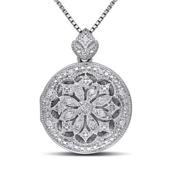 Stella Grace Sterling Silver 1/10 Carat T.W. Diamond Floral Locket Necklace