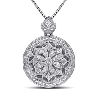 Stella Grace Sterling Silver 1/10 Carat T.W. Diamond Floral Locket Necklace