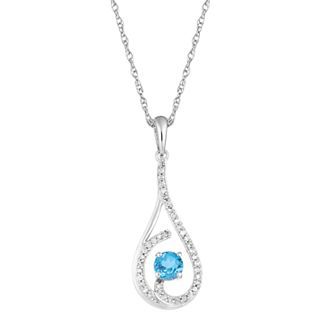 10k White Gold Swiss Blue Topaz & 1/8 Carat T.W. Diamond Teardrop Pendant Necklace