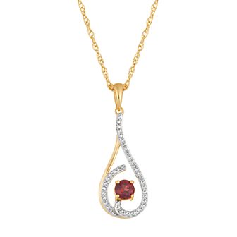10k Gold Garnet & 1/8 Carat T.W. Diamond Drop Pendant Necklace
