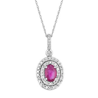 10k White Gold Ruby & 1/4 Carat T.W. Diamond Double Halo Pendant Necklace