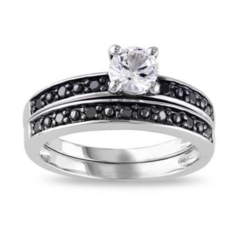 Stella Grace Sterling Silver Lab-Created White Sapphire & 1/10 Carat T.W. Black Diamond Engagement Ring Set