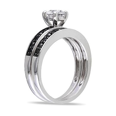 Stella Grace Sterling Silver Lab-Created White Sapphire & 1/10 Carat T.W. Black Diamond Engagement Ring Set