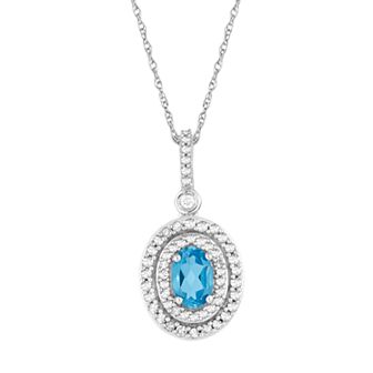 10k White Gold Swiss Blue Topaz & 1/4 Carat T.W. Diamond Double Halo Pendant Necklace