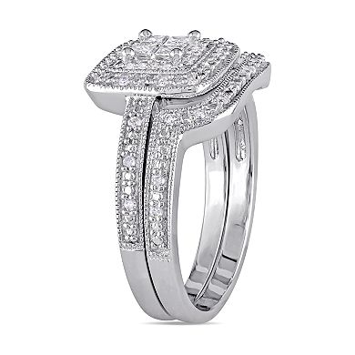 Stella Grace Sterling Silver 1/6 Carat T.W. Diamond Square Halo Engagement Ring Set
