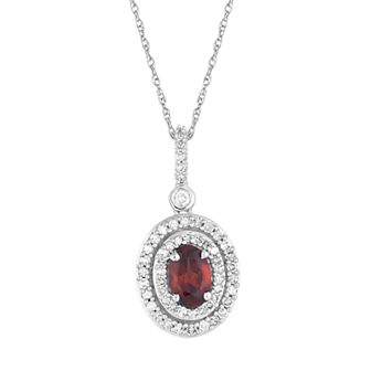 10k White Gold Garnet & 1/4 Carat T.W. Diamond Oval Halo Pendant Necklace