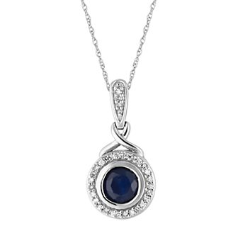 10k White Gold Sapphire & 1/8 Carat T.W. Diamond Halo Pendant Necklace