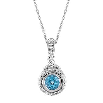 10k White Gold Swiss Blue Topaz & 1/8 Carat T.W. Diamond Halo Pendant Necklace