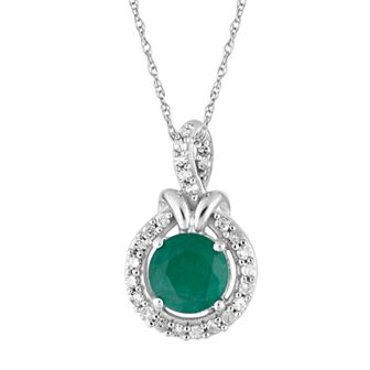 10k White Gold Emerald & 1/6 Carat T.W. Diamond Halo Pendant Necklace