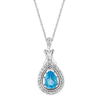 Lovemark 10k White Gold Swiss Blue Topaz & 1/6 Carat T.W. Diamond Teardrop Pendant Necklace