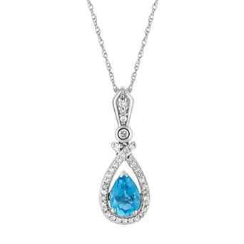 Lovemark 10k White Gold Swiss Blue Topaz & 1/6 Carat T.W. Diamond Teardrop Halo Pendant
