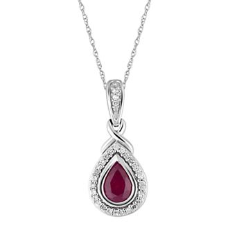 10k White Gold Ruby & 1/8 Carat T.W. Diamond Teardrop Halo Pendant Necklace