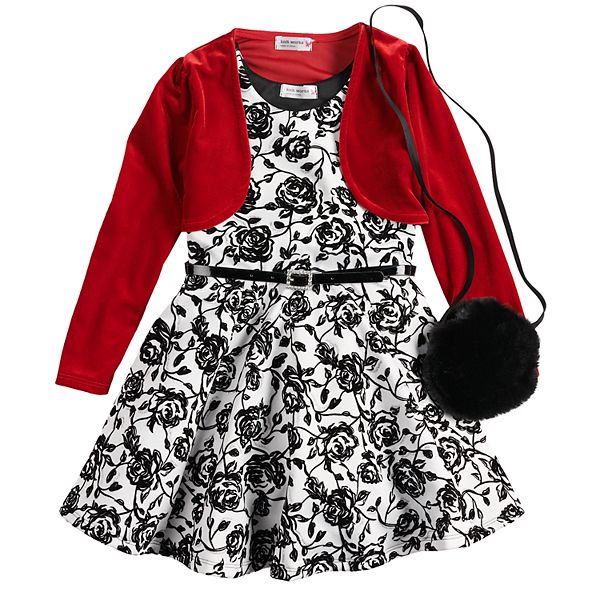 Girls 4-6x Knitworks Flocked Rose Dress, Velvet Shrug & Faux-Fur Purse Set