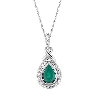 Lovemark 10k White Gold Emerald & 1/8 Carat T.W. Diamond Teardrop Halo Pendant
