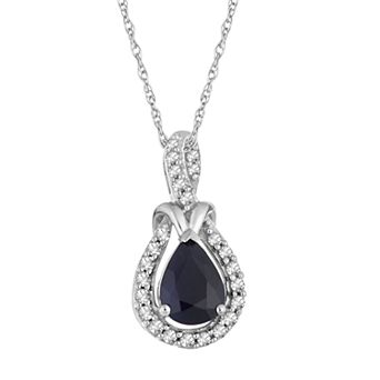 10k White Gold Sapphire & 1/8 Carat T.W. Diamond Teardrop Halo Pendant Necklace