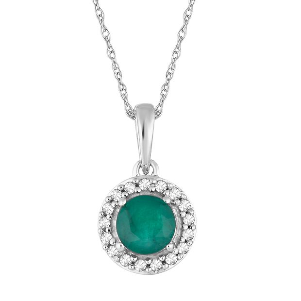 10k White Gold Emerald 1 10 Carat T.W. Diamond Halo Pendant Necklace