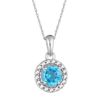 10k White Gold Swiss Blue Topaz & 1/10 Carat T.W. Diamond Halo Pendant Necklace