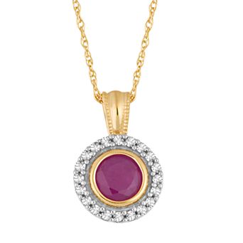 Lovemark 10k Gold Ruby & 1/8 Carat T.W. Diamond Halo Pendant Necklace