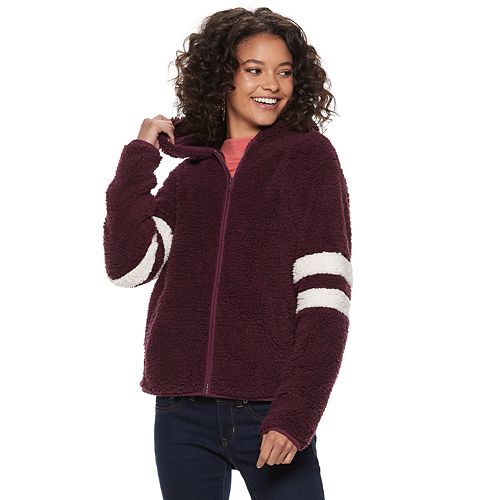 Juniors' SO® Varsity Striped Sherpa Hooded Jacket
