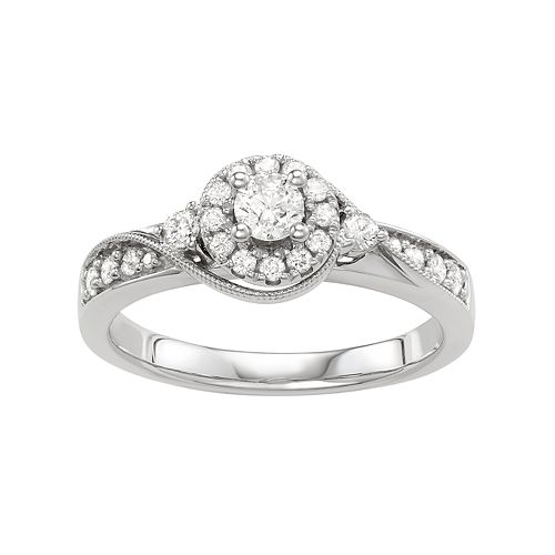 Diamond Round Halo Engagement  Ring  in 10k White  Gold  1 2 