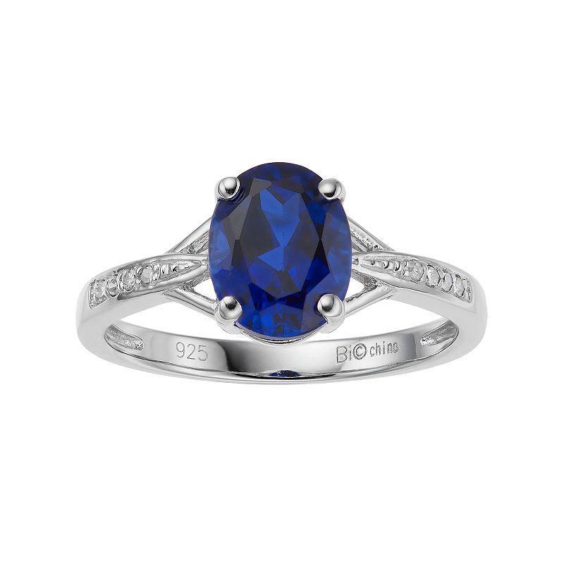 Gemminded Sterling Silver Oval Cut Lab-Created Sapphire & Diamond Accent Ri