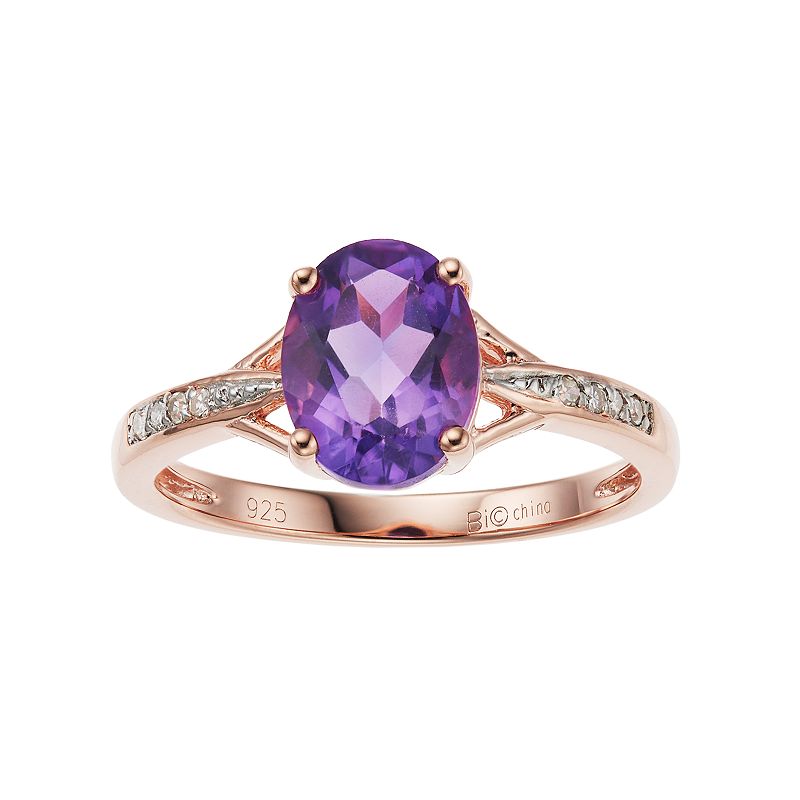 Gemminded 14k Rose Gold Over Silver Oval Cut Amethyst & Diamond Accent Ring