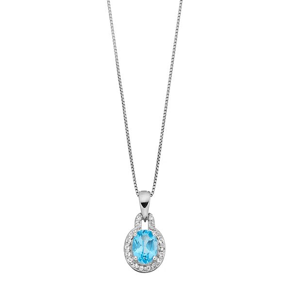 Gemminded Sterling Silver Blue & White Topaz Oval Halo Pendant Necklace