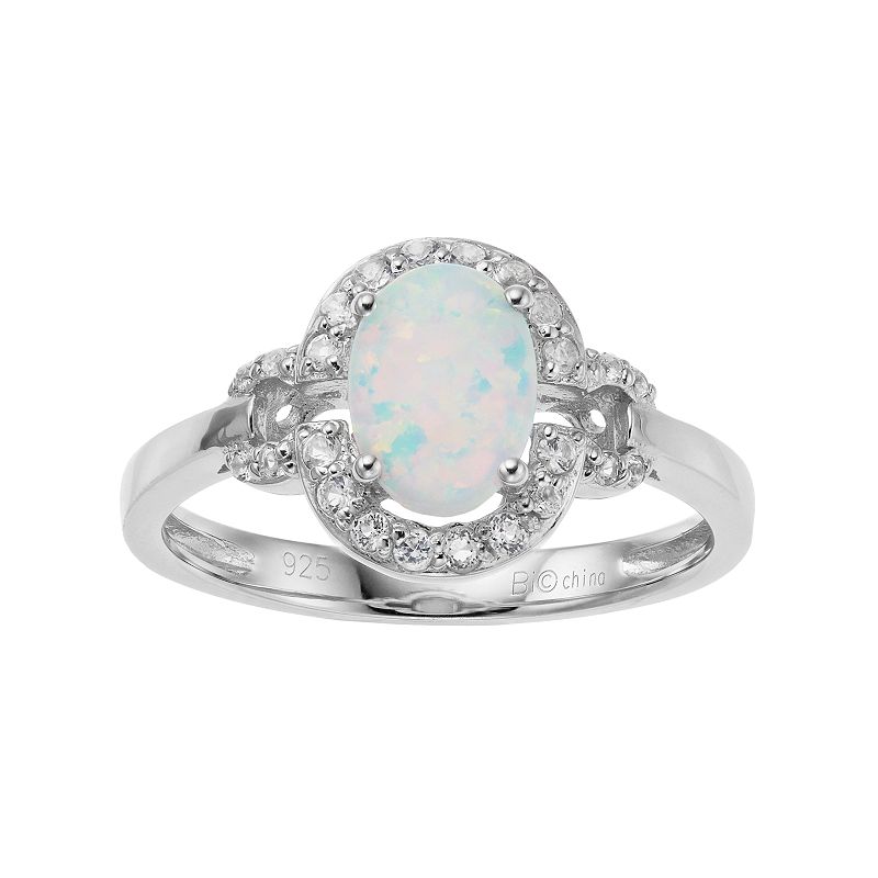 Gemminded Sterling Silver Lab-Created White Opal & White Topaz Oval Halo Ri