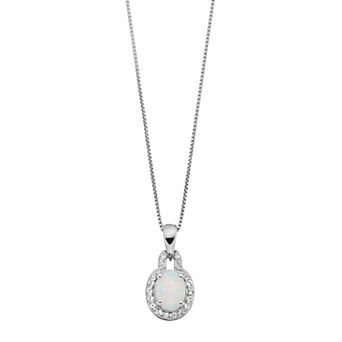 Gemminded Sterling Silver Lab-Created Opal & White Topaz Oval Halo Pendant Necklace