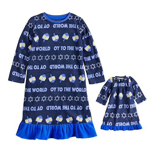 Toddler Girl Jammies For Your Families Hanukkah "Oy to the World" Microfleece Nightgown & Doll Gown Pajama Set