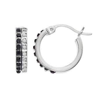 Platinum Over Silver Black & White Diamond Mystique Hoop Earrings