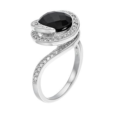 Gemminded Sterling Silver Checkerboard Onyx & White Topaz Swirl Ring