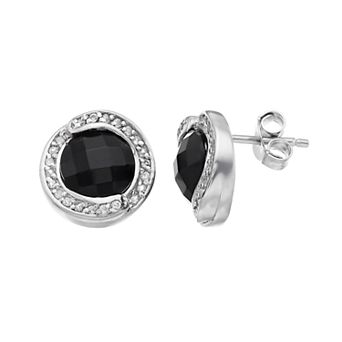 Gemminded Sterling Silver Onyx & White Topaz Halo Stud Earrings