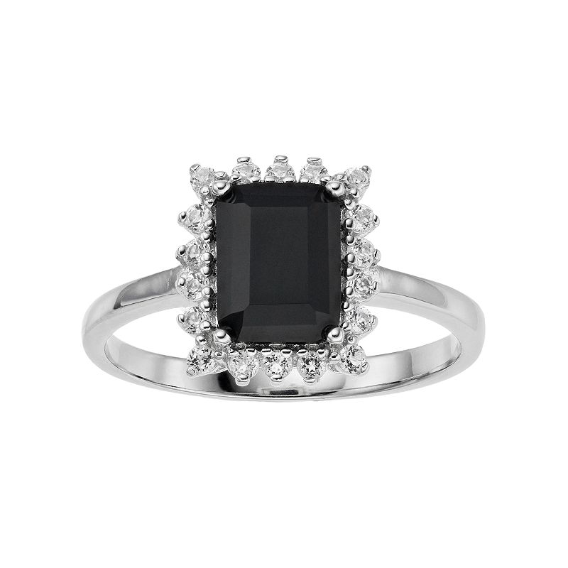 Gemminded Sterling Silver Onyx & White Topaz Frame Ring, Womens, Size: 5, 
