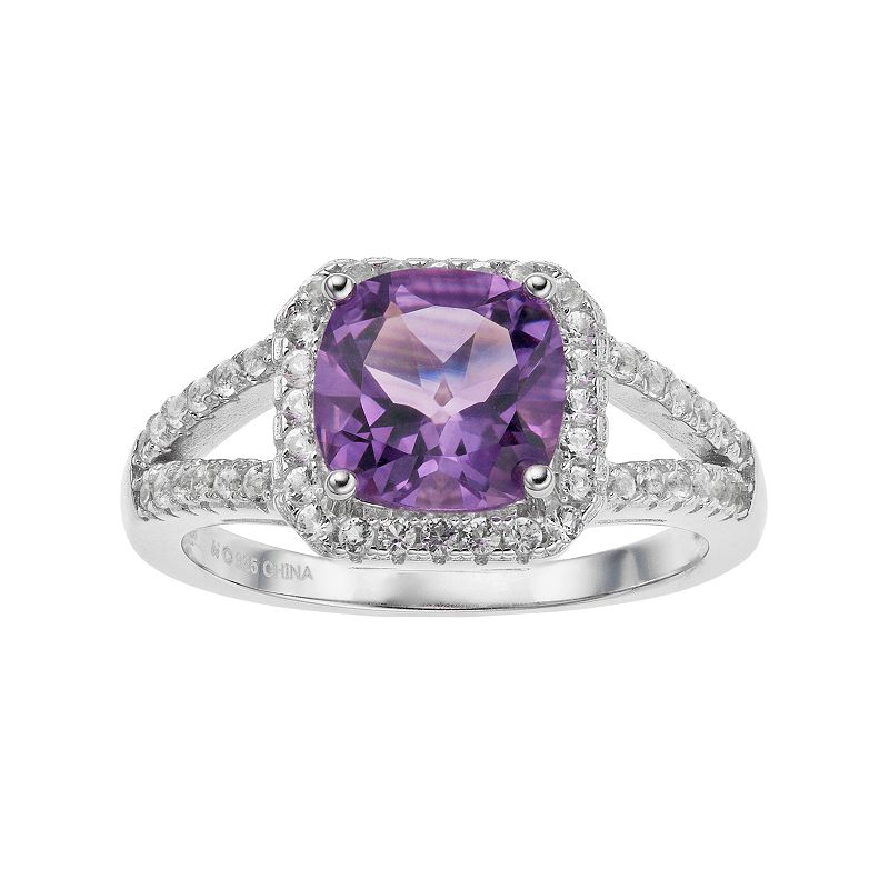 Gemminded Sterling Silver Amethyst & White Topaz Cushion Halo Ring, Womens