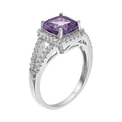 Gemminded Sterling Silver Amethyst & White Topaz Cushion Halo Ring