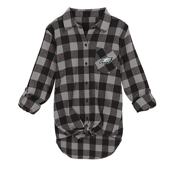 Juniors' Philadelphia Eagles Spirit Week Knot-Front Plaid Flannel Shirt