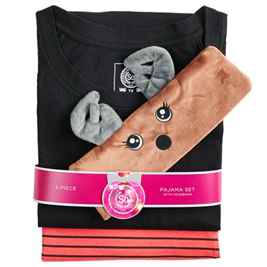 Juniors' SO® 3-piece Headband, Sleep Tee & Banded Bottom Sleep Pant Pajama Set  