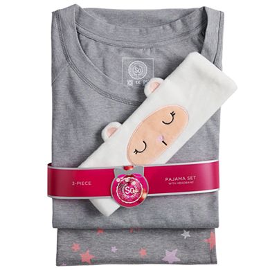 Juniors' SO® 3-piece Headband, Sleep Tee & Banded Bottom Sleep Pant Pajama Set  