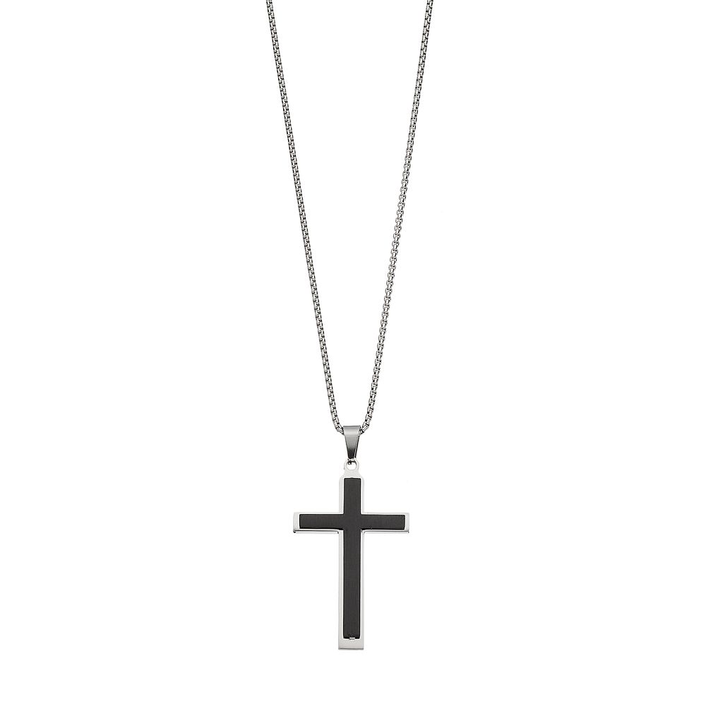 LYNX Men's Black Two Tone Stainless Steel Cross Pendant Necklace