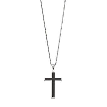 LYNX Men's Black Two Tone Stainless Steel Cross Pendant Necklace