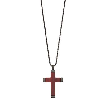 LYNX Men's Black Stainless Steel & Wood Cross Pendant Necklace