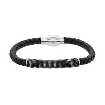 LYNX Men's Textured Bar Black Leather Bracelet