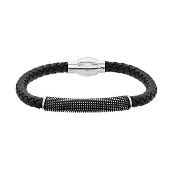 LYNX Men's Textured Bar Black Leather Bracelet