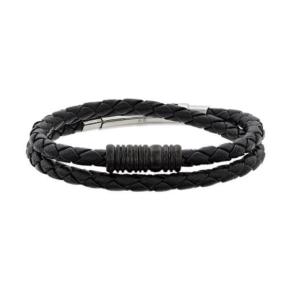 LYNX Men's Braided Black Leather Wrap Bracelet