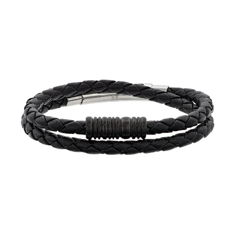 LYNX Mens Braided Black Leather Wrap Bracelet, Size: 9