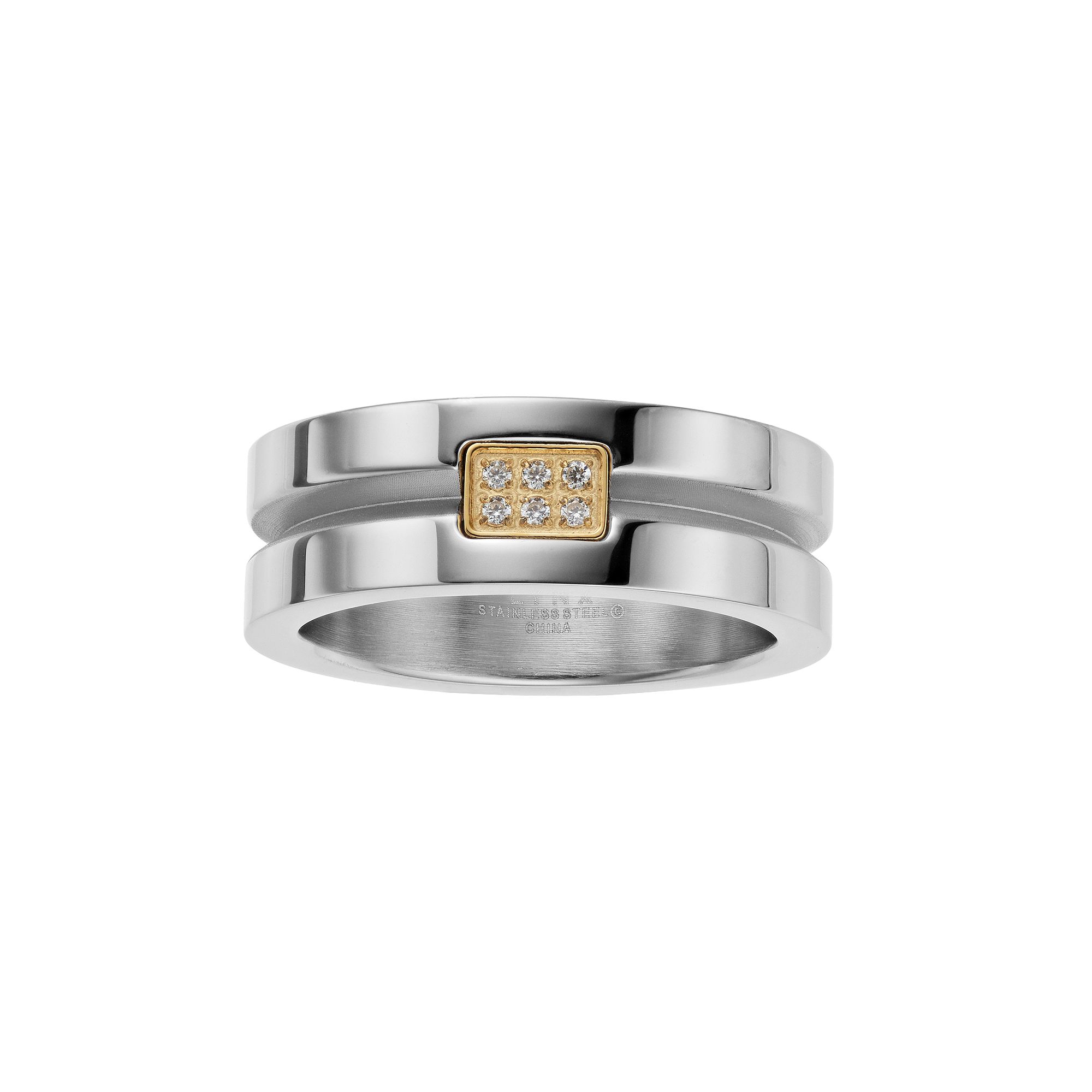 LYNX Mens Two Tone Stainless Steel Cubic Zirconia Channel Ring, Size: 8, G