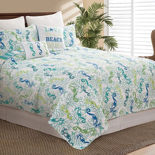 Bedding Full Queen King Bed Blue Beige Seahorse Nautical Coastal 5