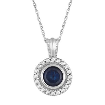 10k White Gold Sapphire & 1/10 Carat T.W. Diamond Halo Pendant Necklace